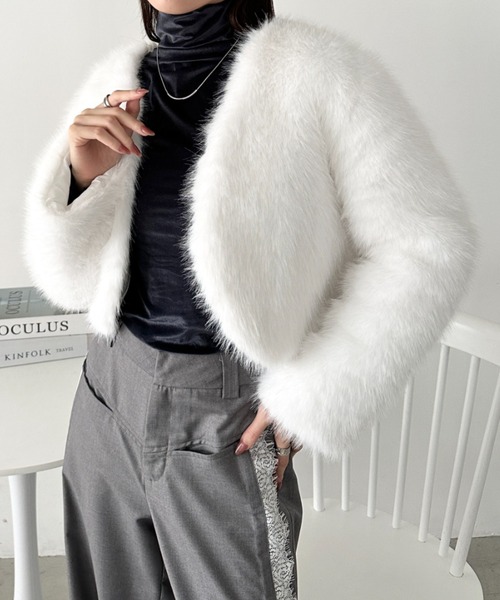 セール】ノーカラーショートフェイクファーコート（その他アウター