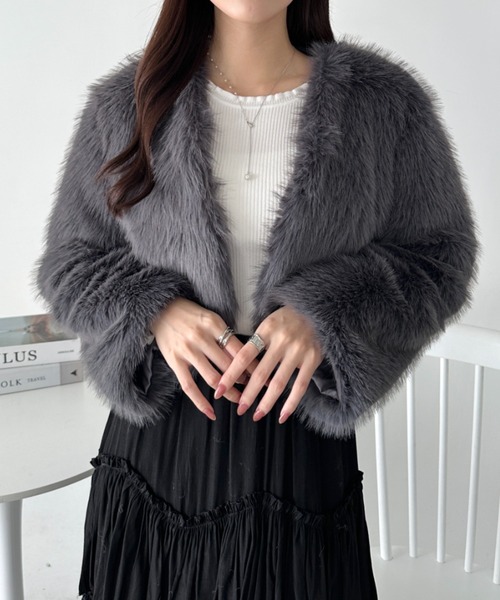 セール】ノーカラーショートフェイクファーコート（その他アウター