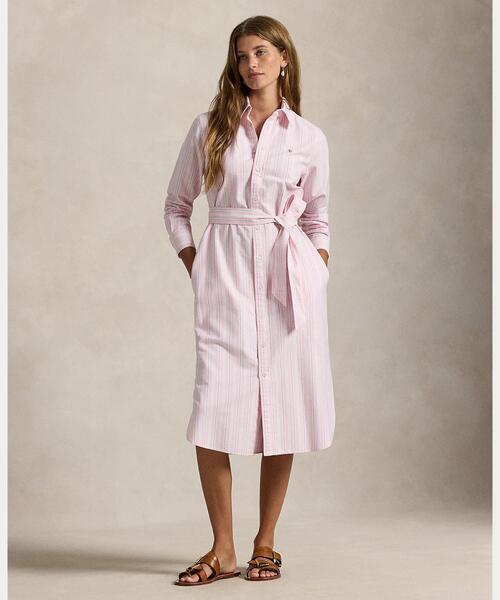ストライプド コットン オックスフォード ベルテッド シャツドレス