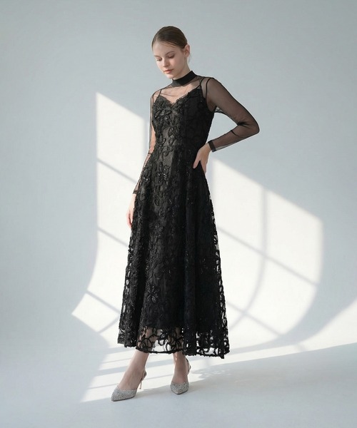 LEJA】シアーフラワーレースレイヤードワンピースドレス2点セット 美脚