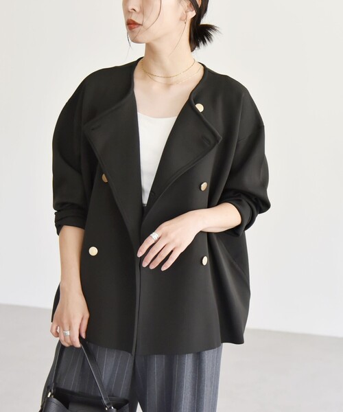 quaranciel:〈手洗い可能〉ニット ノーカラー ダブル ジャケット