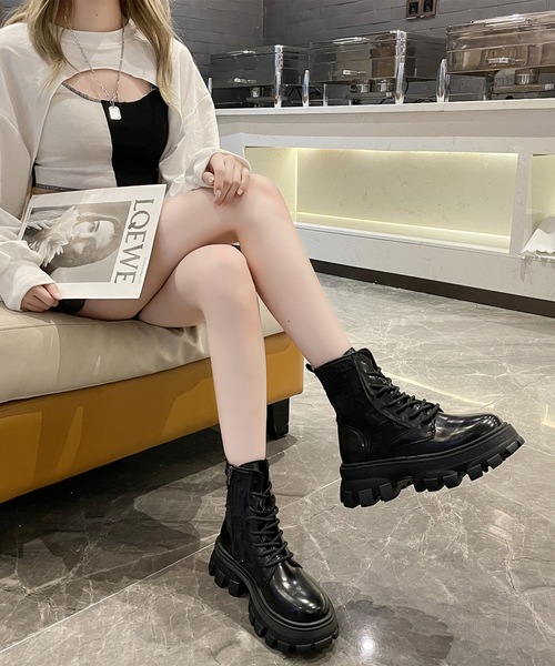 セール】レザー調 厚底 レースアップ ショート ブーツ（ブーツ）｜Lace