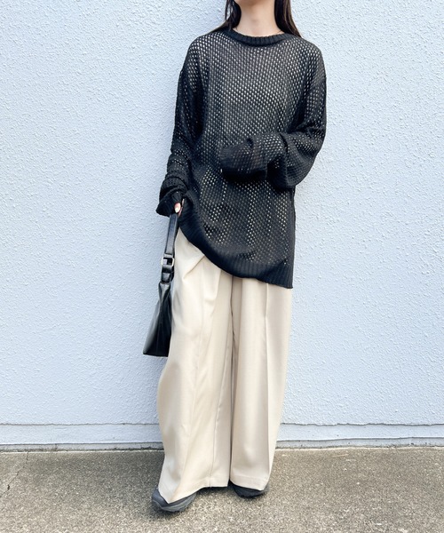 セール】クルーネック透かし編みメッシュニットトップス（ニット