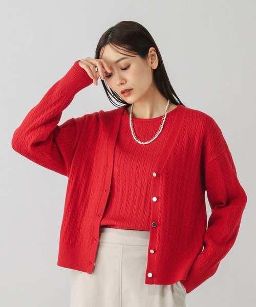 セール】洗えるケーブルVネックカーディガン/608428（カーディガン