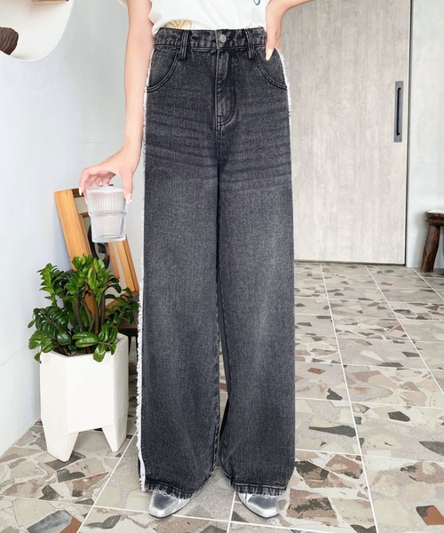 セール】サイドフリンジセミワイドデニムパンツ（デニムパンツ