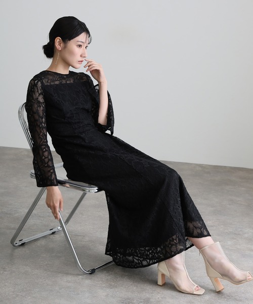 セール】総レースベルスリーブロングAラインリボンフレアパーティー