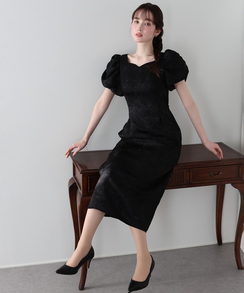 ジャガード素材》ハートネックワンピース 結婚式 成人式 二次会 同窓会