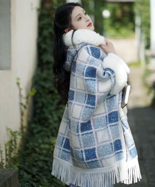 Y2Kガーリーふわふわフード付きケープポンチョアウター【新作