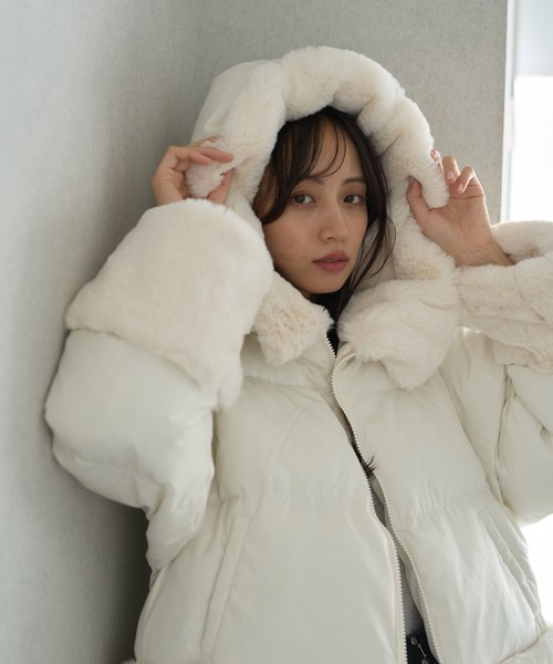セール】フードファー中綿ショートコート（ダウンジャケット/コート