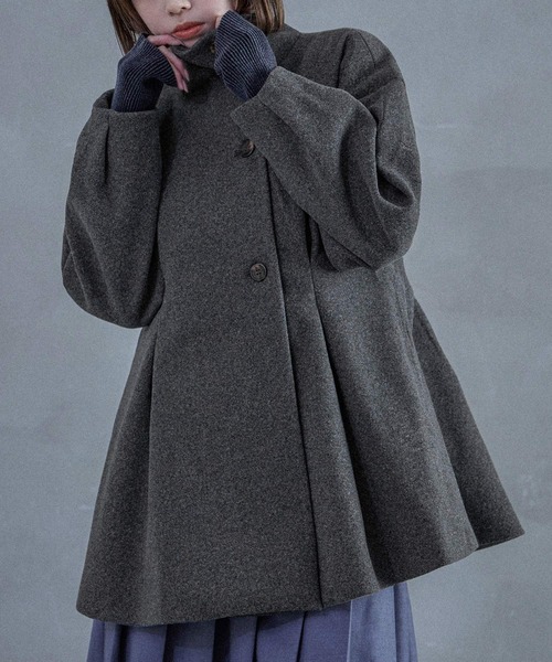 セール】スタンドカラー ウエスト絞りAラインコート（ピーコート