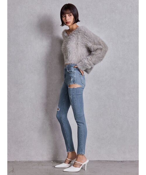 ミドルウエストSIDE RIPPEDスキニーデニムパンツ（デニムパンツ