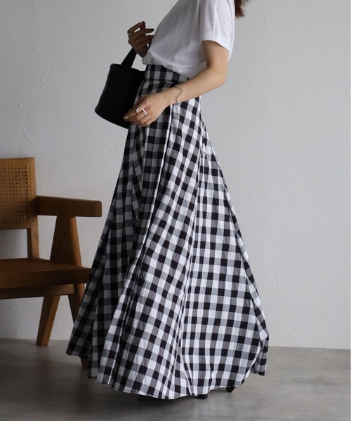 セール】ギンガムチェック/無地ボリュームフレアマキシスカート