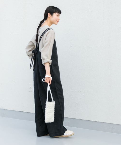 かぐれ リネンハーフスリーブオールインワン オーバーオール ブラック