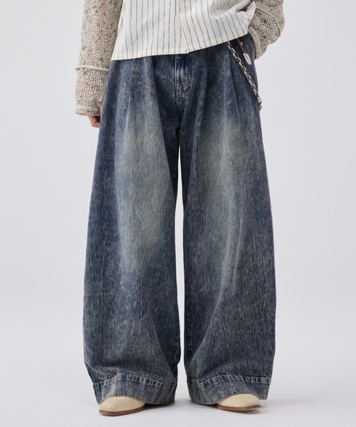 Wide buggy vintage like denim pants ' Mud dyeing '/ワイドバギー