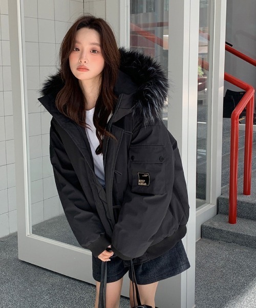 セール】フェイクファーフード付き スタンドカラー エコダウンコート