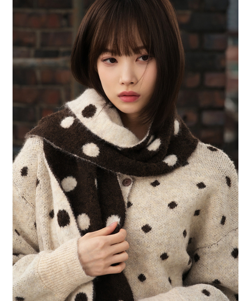 セール】ドットオーバーサイズカーディガンマフラーセット[ベージュ