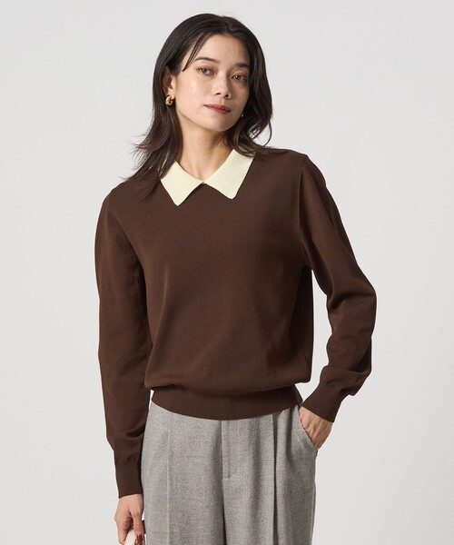 セール】襟付き ロングスリーブ プルオーバー ニット ウォッシャブル