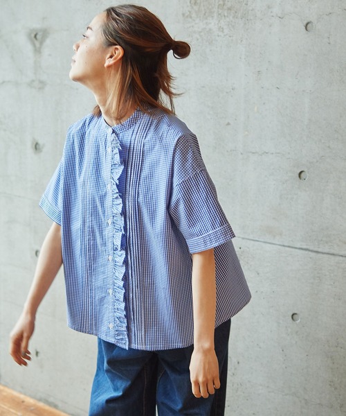 グランジウォッシュ/ギンガムチェック 前立てフリルブラウス（シャツ