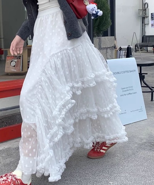 セール】小花柄フリルチュール ロングスカート（スカート）｜meJane