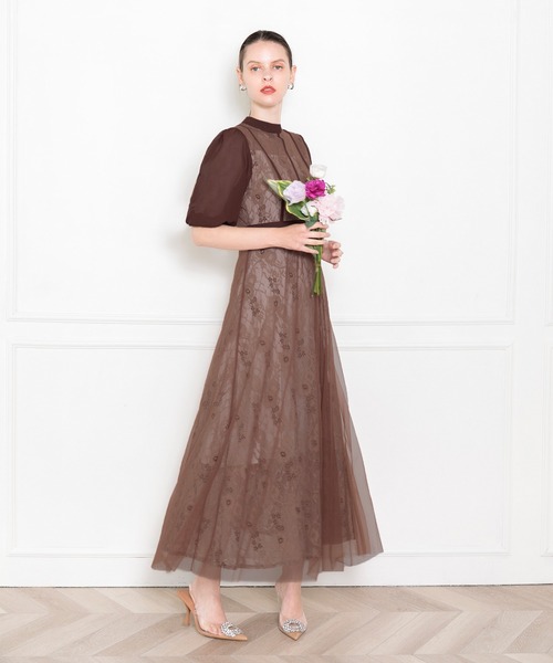 セール】【LEJA】美脚効果ハイウエストチュールレース切り替えドレス