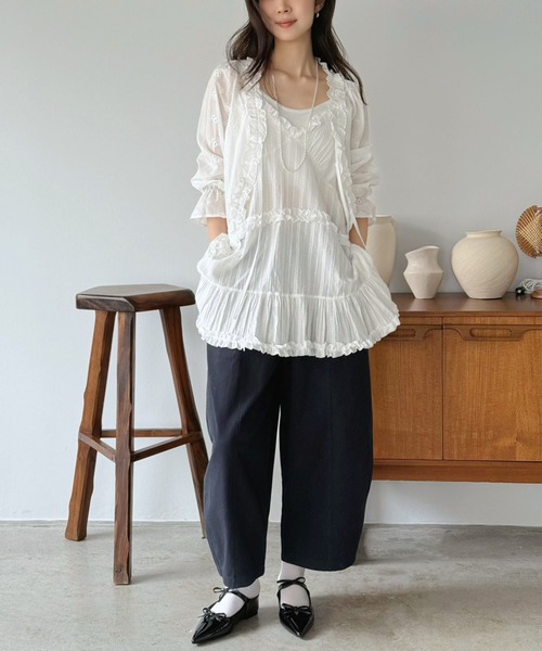 フリル×コットンストライプビスチェディテールキャミチュニック