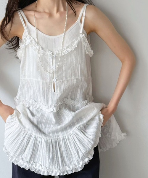 フリル×コットンストライプビスチェディテールキャミチュニック