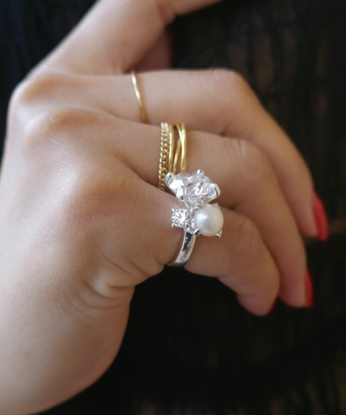 ジルコニア・パール3つ石ピンキーリング（リング）｜e.m.（イーエム