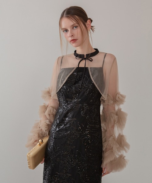 LEJA】フリルチュールスリーブリボンIラインワンピースドレス2点セット