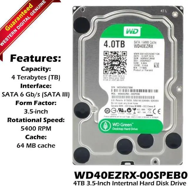 Refurbished: Western Digital Green WD40EZRX-00SPEB0 4TB 5400RPM