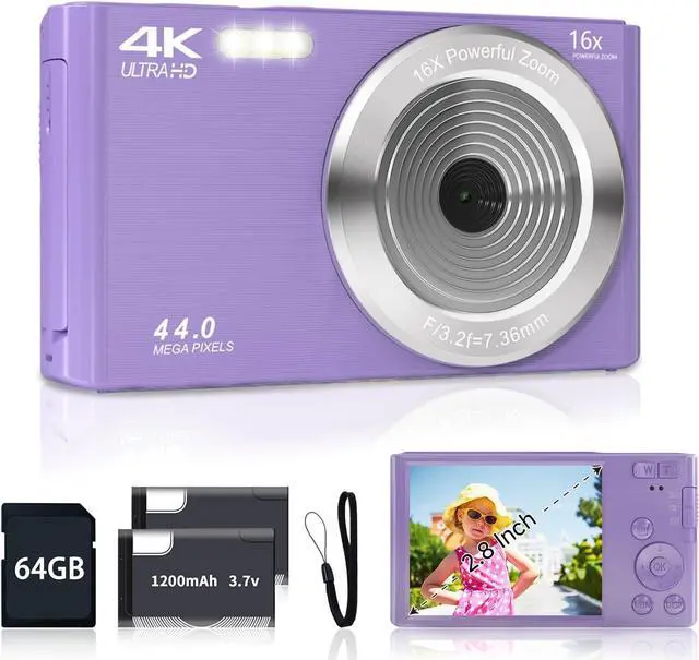 Digital Camera for Teens, FHD 4K 44MP Digital Camera Purple with