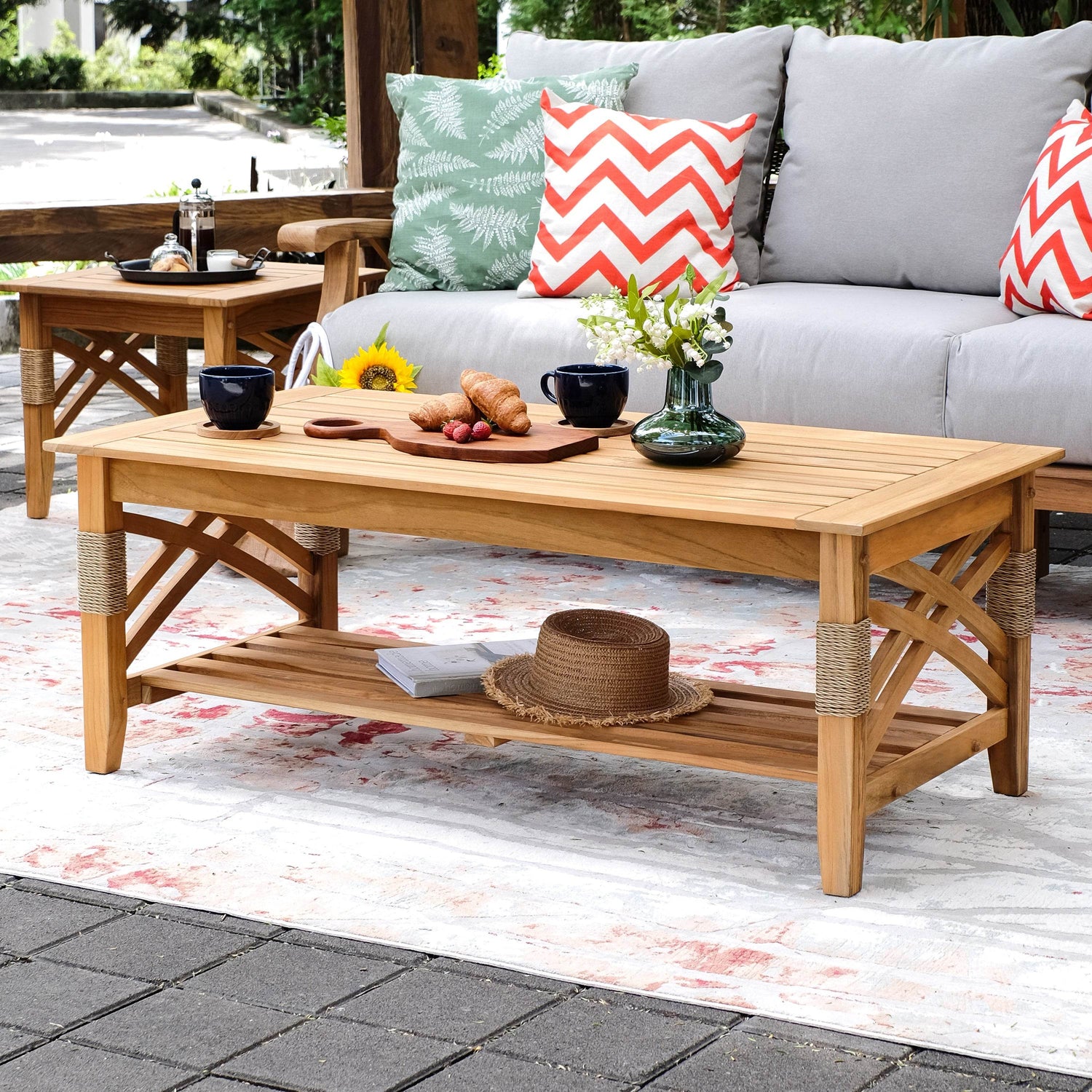 Carmel Teak Wood Patio Coffee Table with Shelf | Cambridge Casual