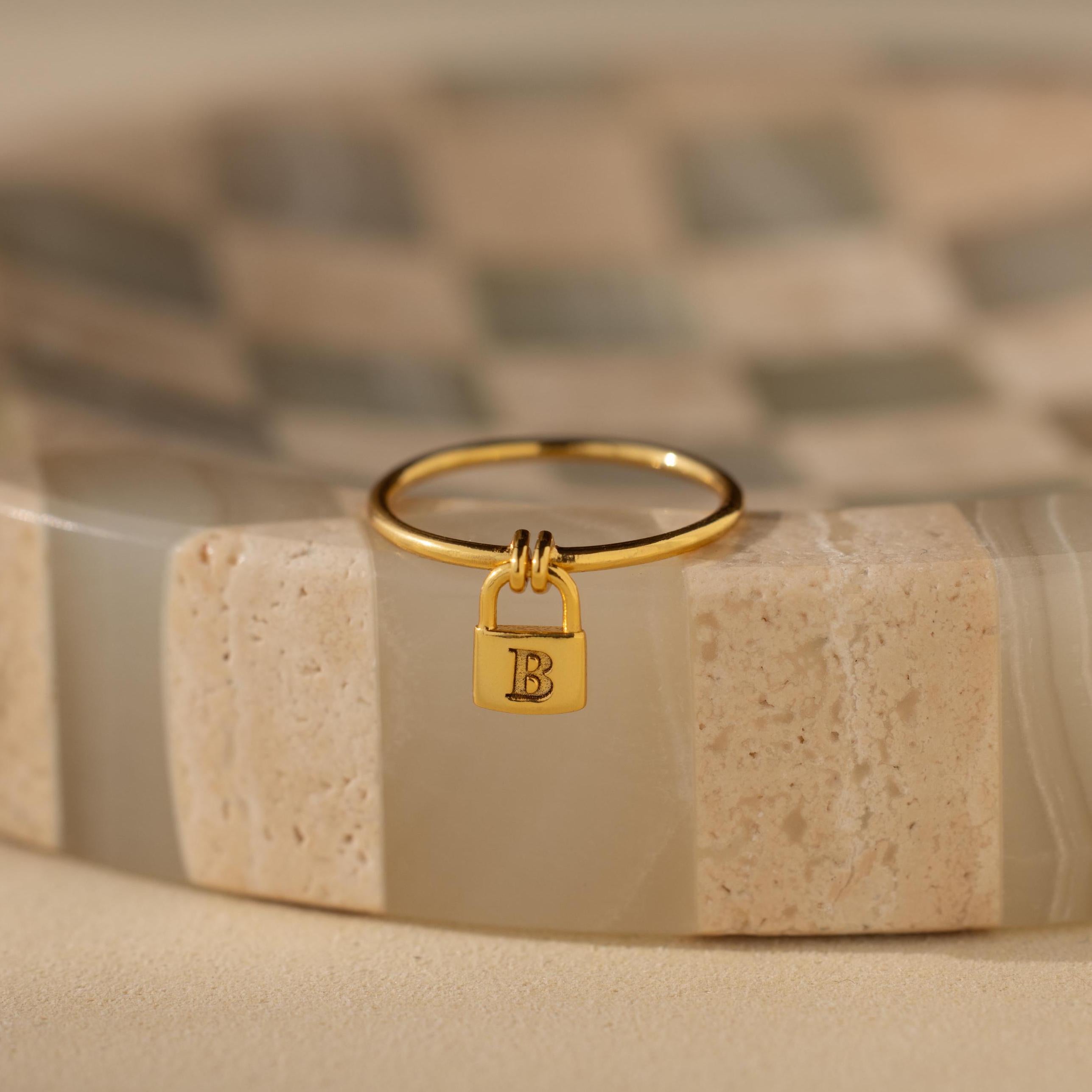 Dangling Engraved Initial Padlock Drop Ring | Caitlyn Minimalist