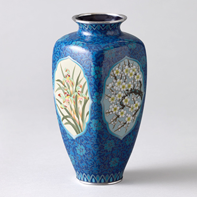 七宝焼 安藤七宝店 花草文 盒子 蓋物 箱付 V 8637