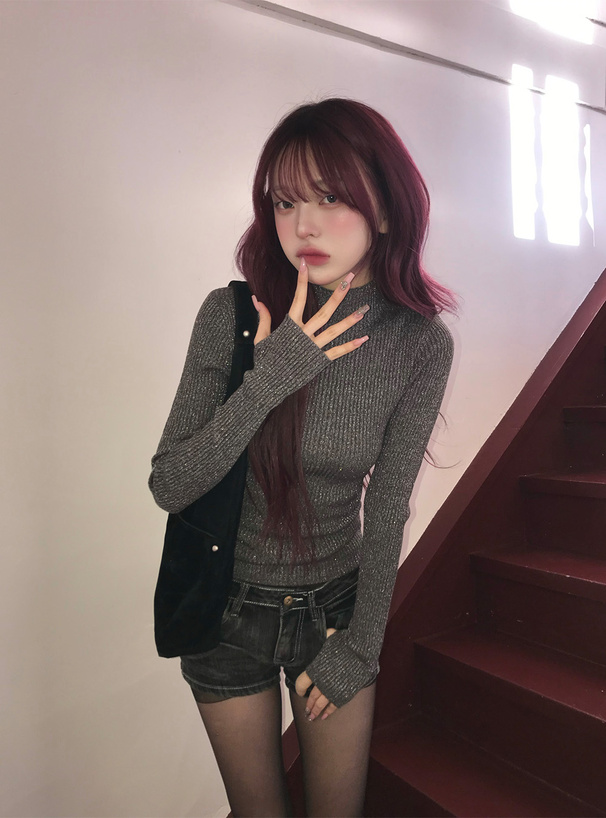 サムホール付きハイネックラメリブニットトップス[cu474] | レディース