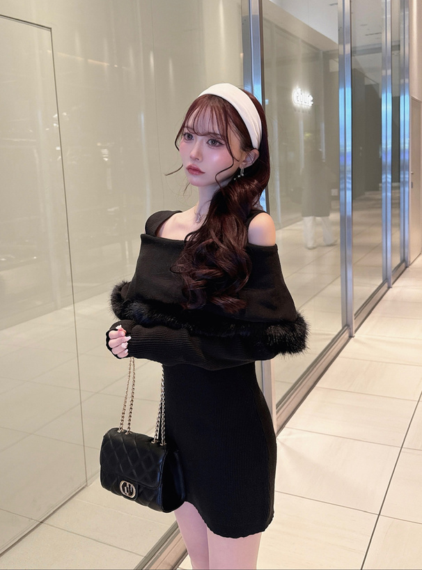 ファーオフショルダーニットミニワンピース[an1719] | レディース