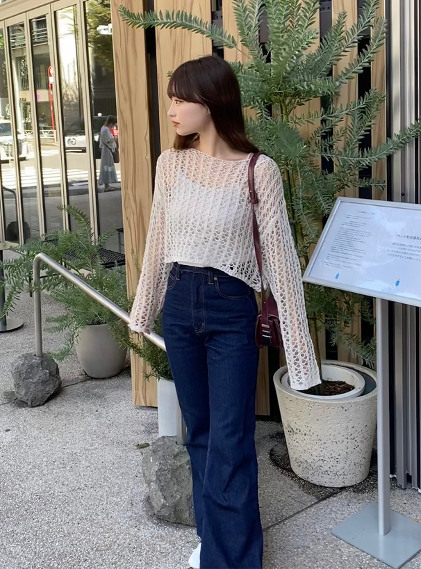 透かし編みニットショート丈トップス×キャミソールアンサンブル[an1311