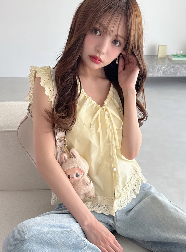 ギャザーリボンレースノースリーブトップス[at2508] | レディース