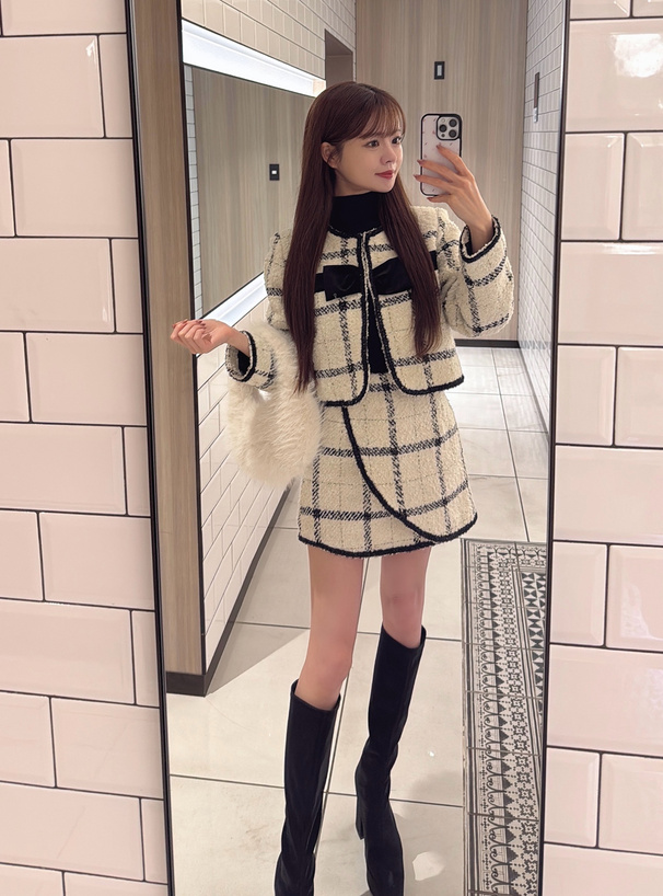 ツイードチェック柄リボンジャケット×ミニスカートセットアップ[gn556