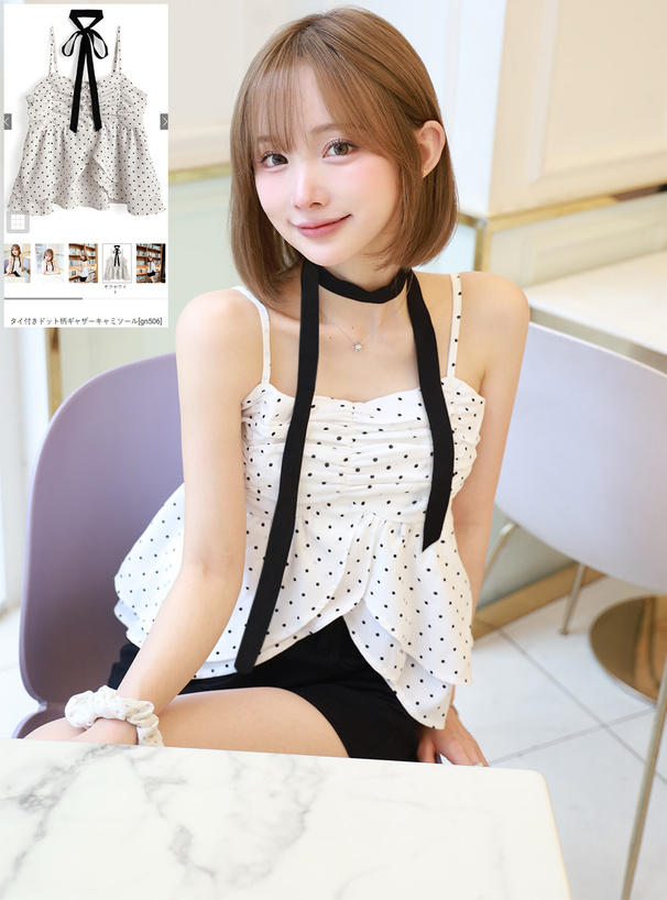 タイ付きドット柄ギャザーキャミソール[gn506] | レディース