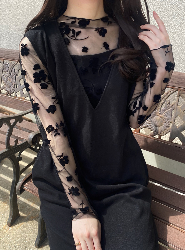 花柄フロッキープリントシアートップス[dk1008] | レディース