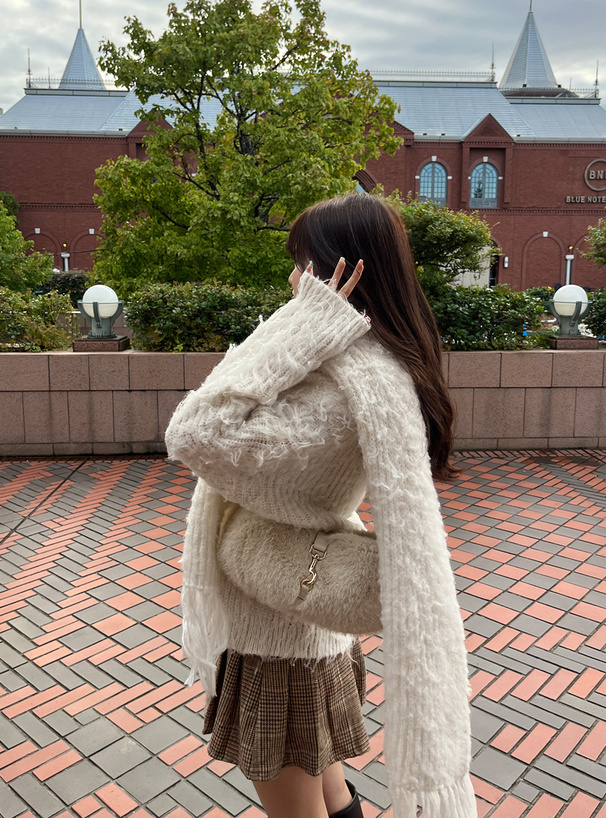 Vネックシャギーニットトップス×マフラーアンサンブル[dr759