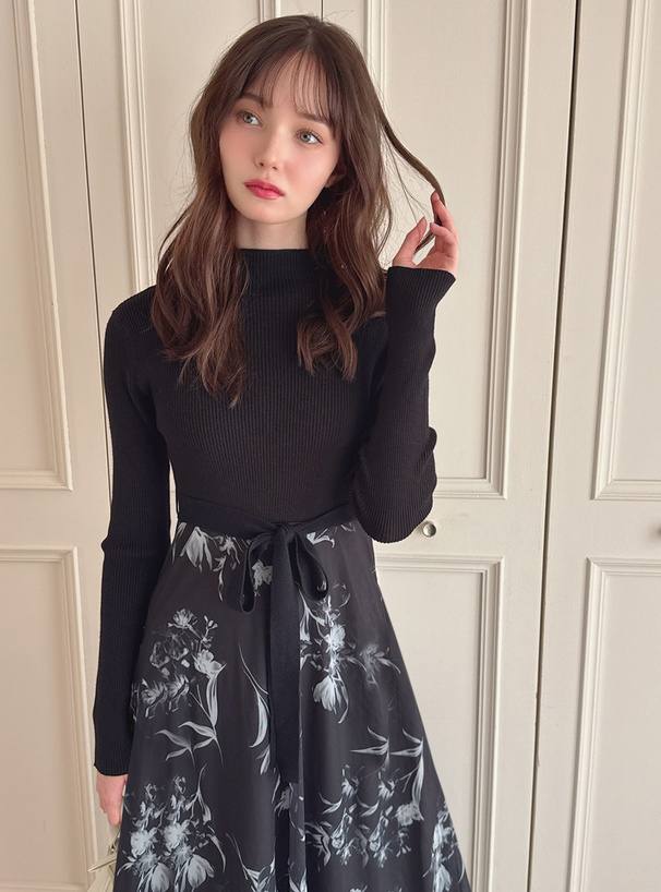 リボンベルト付きニットドッキング花柄ワンピース[dr821] | レディース