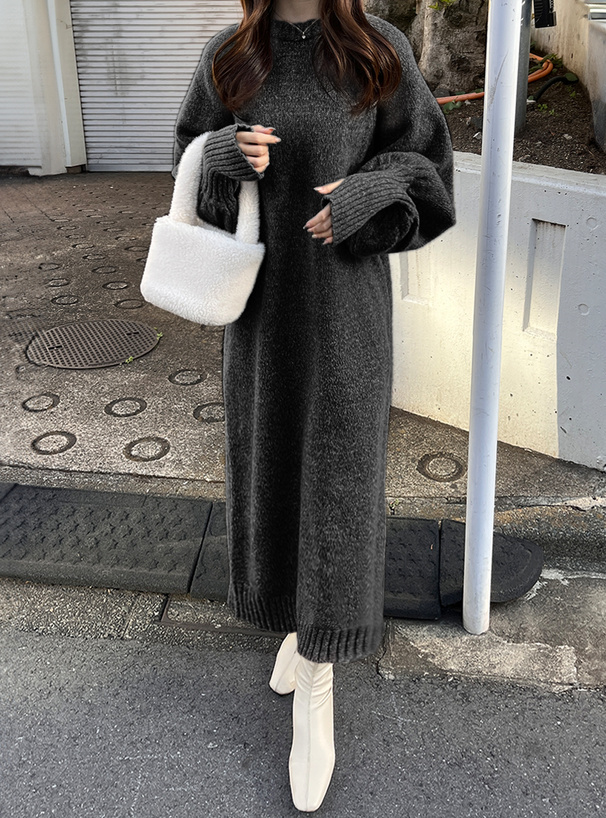 サムホール付きボリュームスリーブニットワンピース[fo1800