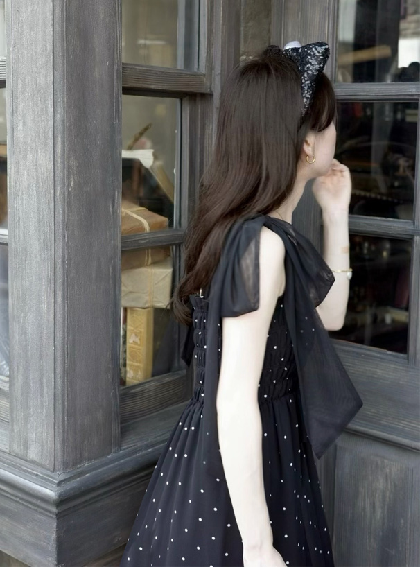 リボンショルダードット柄ティアードワンピース[fo2128] | レディース