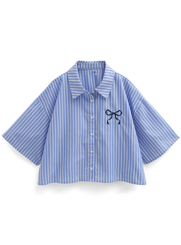 ストライプ柄リボン刺繍ショート丈ブラウス[fu177] | レディース
