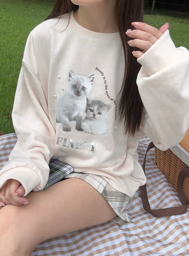 キャットプリントパールスウェットトップス[fu207] | レディース