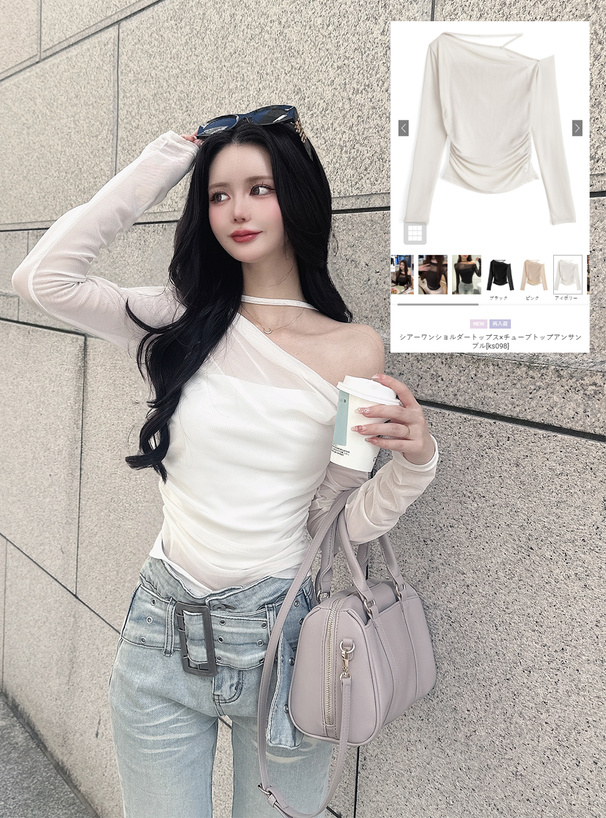 シアーワンショルダートップス×チューブトップアンサンブル[ks098