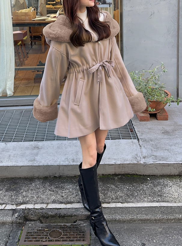 ファーフードドロストリボンコート[kz575] | レディースファッション