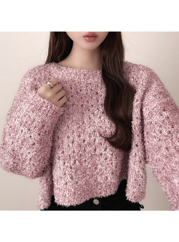 ラメテープヤーンクロップド丈ニットトップス[kz594] | レディース