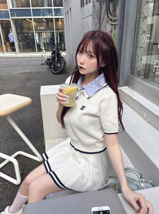ポロニットトップス×プリーツミニスカートセットアップ[kz678